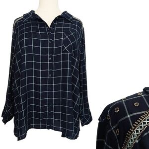 Catherines Navy Blue Windowpane Plaid Button-Up Shirt Beaded Shoulder Accents